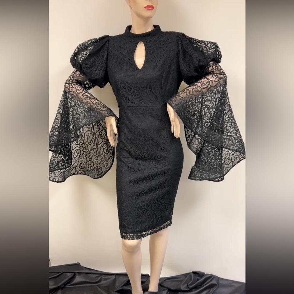Aidan Mattox lace puffed bell sleeves dress
